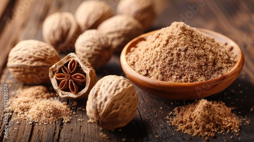 A bowl of nuts and spices sits on a wooden table. The nuts include walnuts and almonds, and the spices include cinnamon and nutmeg. The bowl is filled with a variety of nuts and spices