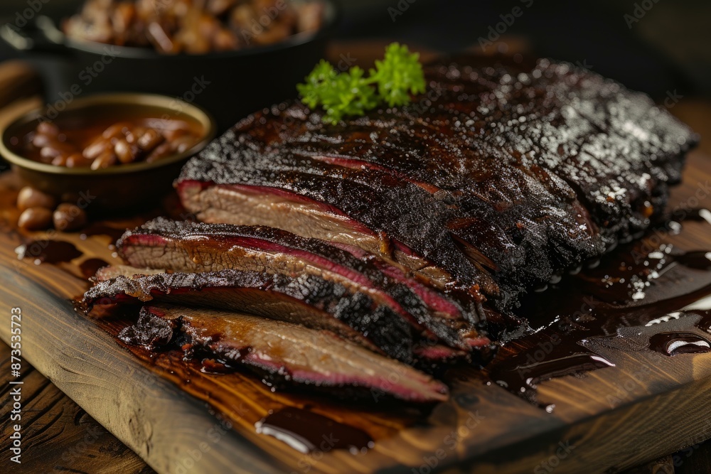 Delicious slow-cooked beef ribs with bbq sauce, ready to be served Delicious slow-cooked beef ribs with bbq sauce, ready to be served