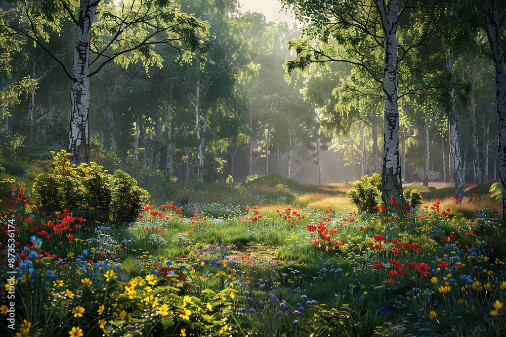 Obraz premium A beautiful forest glade filled with colorful wildflowers and dappled sunlight, creating a peaceful and enchanting scene.