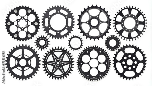 Vector set of ten bike chainring silhouettes (chainwheels, sprockets) isolated on a white background.
