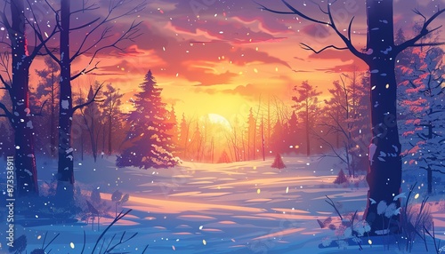 Anime winter forest background sunset, anime style cartoon