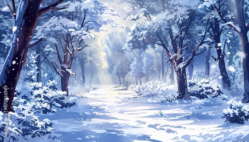 Anime winter forest background, anime style cartoon