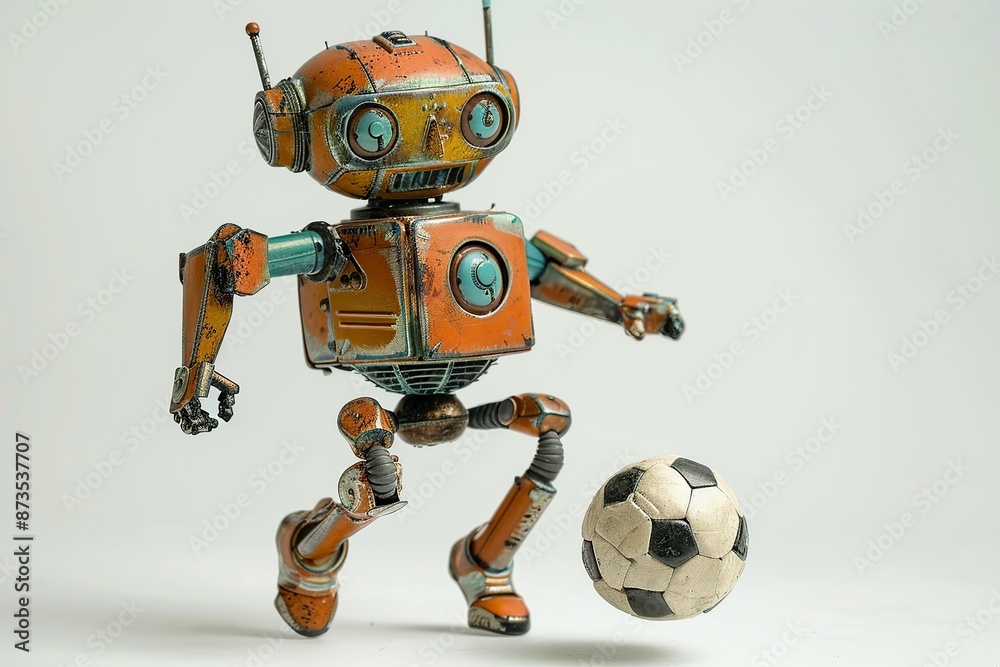 Retro old robot football player playing soccer ball, illustration isolated on white background