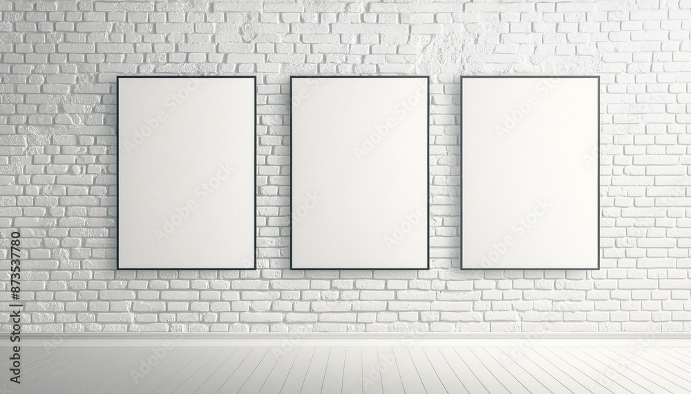 Three Blank Posters on White Brick Wall in Bright Interior Three Blank Posters on White Brick Wall in Bright Interior