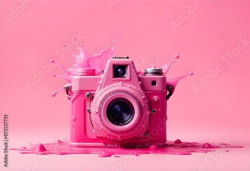 A pink vintage-style camera surrounded by pink liquid splashes against a pink background photo