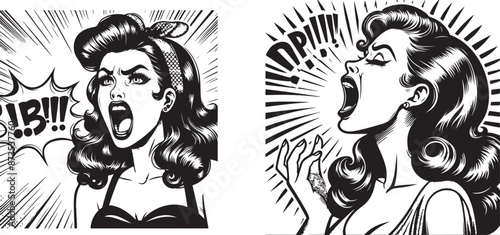 pin-up girl screams, vintage comic style, black vector, beauty woman cartoon print, retro silhouette pinup illustration