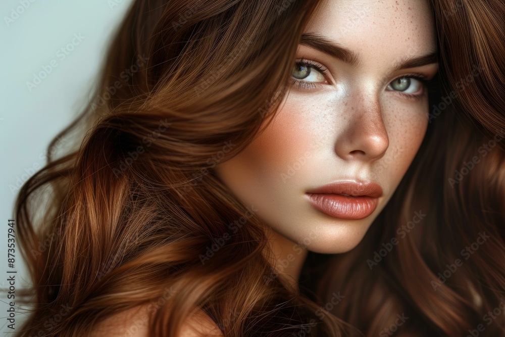 High-resolution image capturing the detailed beauty of a freckled young woman with captivating eyes High-resolution image capturing the detailed beauty of a freckled young woman with captivating eyes