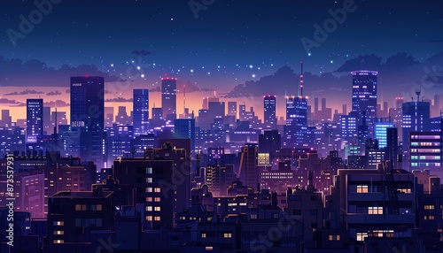 Cityscape at Night, anime style cartoon