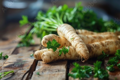 A bunch of carrots and parsley are on a wooden table. The carrots are cut in half and the parsley is fresh and green