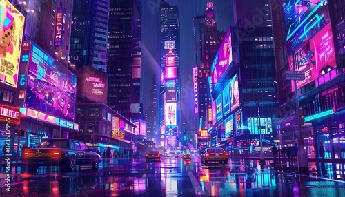 Cityscape at Night with Skyscrapers, Neon Lights
