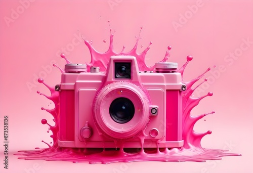 A pink vintage-style camera surrounded by pink liquid splashes against a pink background photo