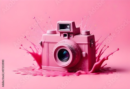 A pink vintage-style camera surrounded by pink liquid splashes against a pink background photo