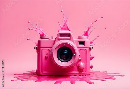 A pink vintage-style camera surrounded by pink liquid splashes against a pink background photo