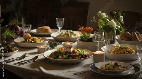 A table full of gourmet food in an organised and elegant way with candles and beautiful colours.