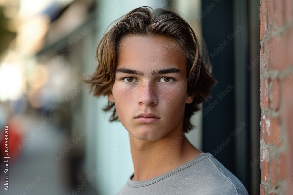 Portrait of a calm young man with a thoughtful expression standing by a brick wall Portrait of a calm young man with a thoughtful expression standing by a brick wall