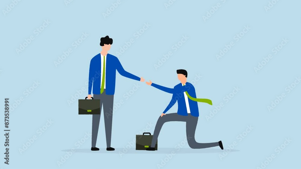 4k animation of kindness businessman offer helping hand to pull fail partner. 4k animation of kindness businessman offer helping hand to pull fail partner.