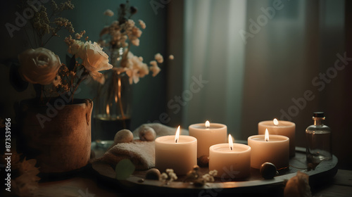 burning candles on the table spa beautiful peace calm flowers 