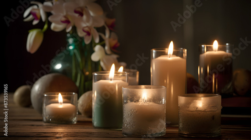 burning candles on the table spa beautiful peace calm flowers 