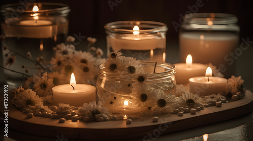 burning candles on the table spa beautiful peace calm flowers 