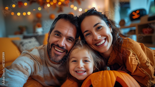 portrait happy family with childres pumpkin halloween
