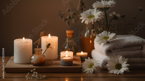 burning candles on the table spa beautiful peace calm flowers 