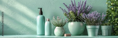 Lavender Plants, Soap, and Green Foliage on a Teal Shelf: A Teal Shelf With T...