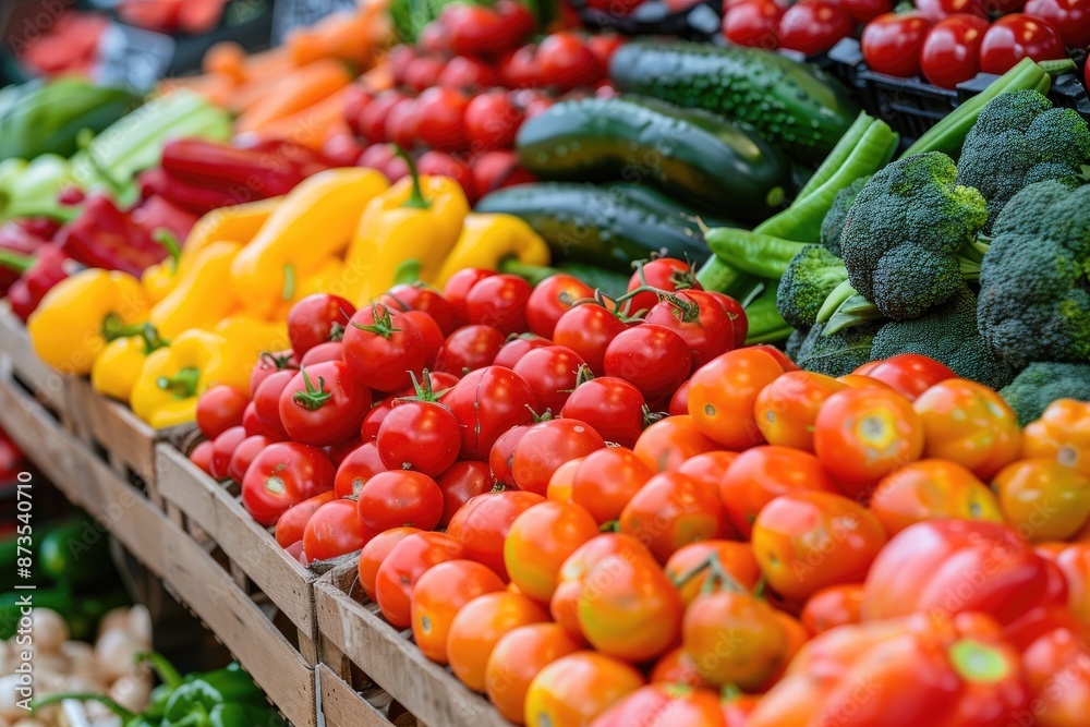 A variety of fresh vegetables are displayed in a market, including tomatoes, broccoli, and peppers. The bright colors of the produce create a lively and healthy atmosphere A variety of fresh vegetables are displayed in a market, including tomatoes, broccoli, and peppers. The bright colors of the produce create a lively and healthy atmosphere