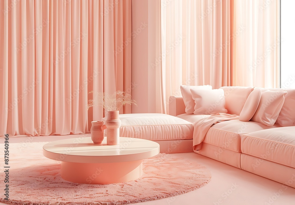 Sofa, coffee table and curtains in a peach fuzz colored interior Sofa, coffee table and curtains in a peach fuzz colored interior