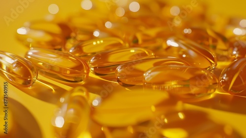 Detailed close-up of Vitamin D3 capsules on yellow, isolated background, studio lighting for a professional dietary supplement ad