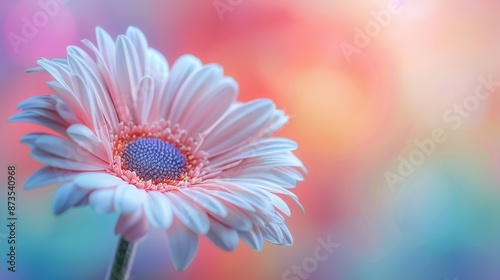 Detailed shot of a flower with a multi-colored background, foreground flower softly out of focus, blurred effect in front, raw style