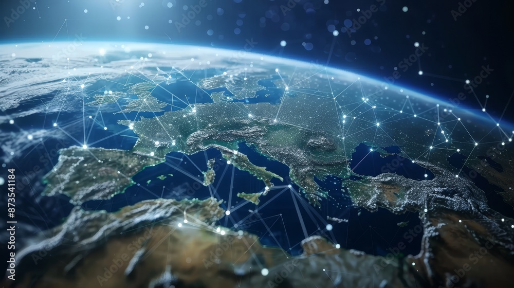 Earth with a focus on Europe, surrounded by interconnected satellites forming a celestial grid, raw and detailed Earth with a focus on Europe, surrounded by interconnected satellites forming a celestial grid, raw and detailed