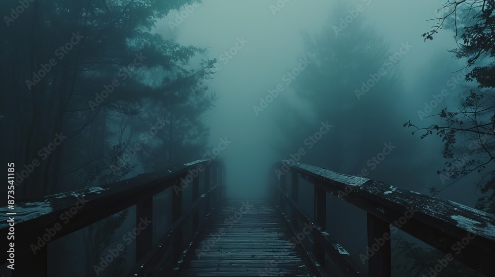 Fototapeta premium Eerie fog-shrouded forest with a lone wooden bridge, trees barely visible in the misty night, capturing a haunting, raw essence