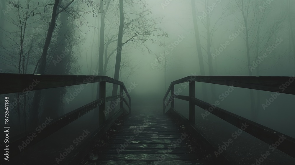 Eerie fog-shrouded forest with a lone wooden bridge, trees barely visible in the misty night, capturing a haunting, raw essence Eerie fog-shrouded forest with a lone wooden bridge, trees barely visible in the misty night, capturing a haunting, raw essence
