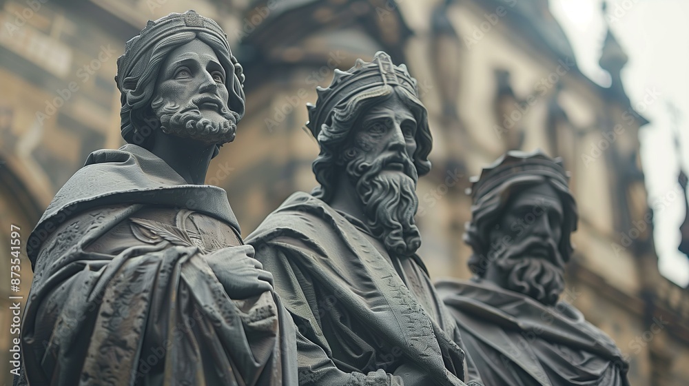 Close-up of three historic stone statues of kings adorned in regal robes and crowns outside an ancient cathedral. Close-up of three historic stone statues of kings adorned in regal robes and crowns outside an ancient cathedral.