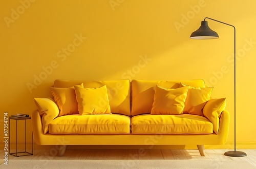 Sofa, solid color background wall, warm yellow sofa with three pillows and a floor lamp beside it, minimalist style, front view of the living room, clean lines, simple composition, high resolution  photo