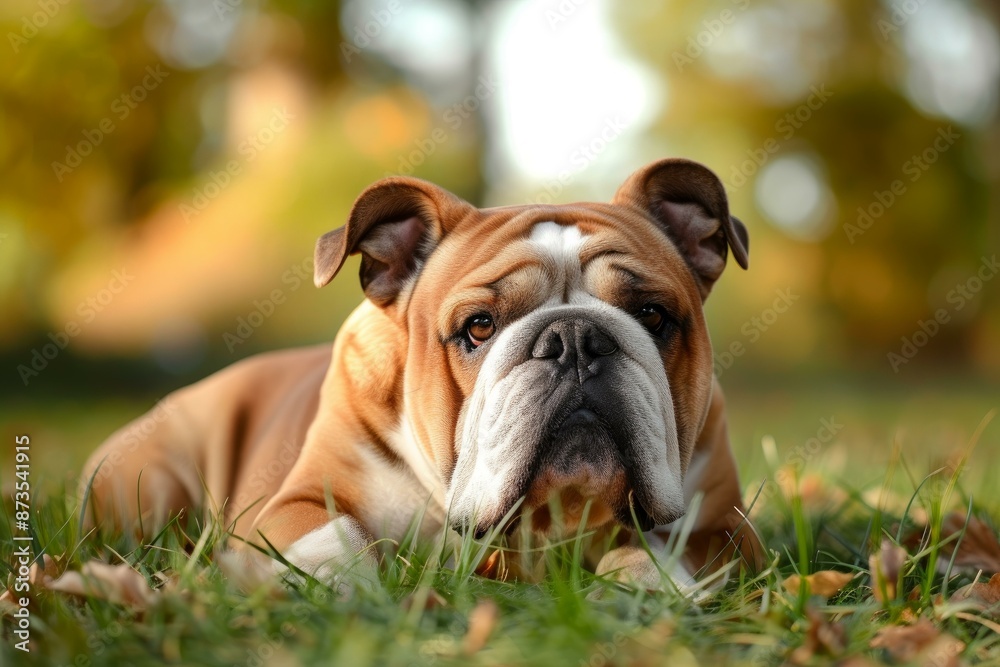 Serene english bulldog rests on grass amidst vibrant fall foliage backdrop Serene english bulldog rests on grass amidst vibrant fall foliage backdrop