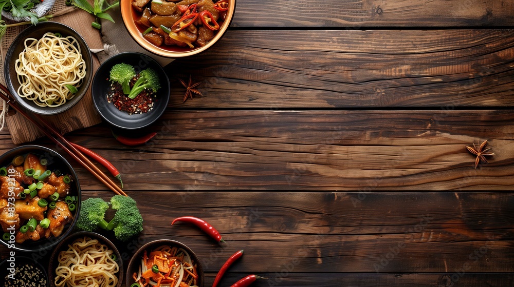 Assorted Asian dishes on rustic wooden table with copy space in the center. Assorted Asian dishes on rustic wooden table with copy space in the center.