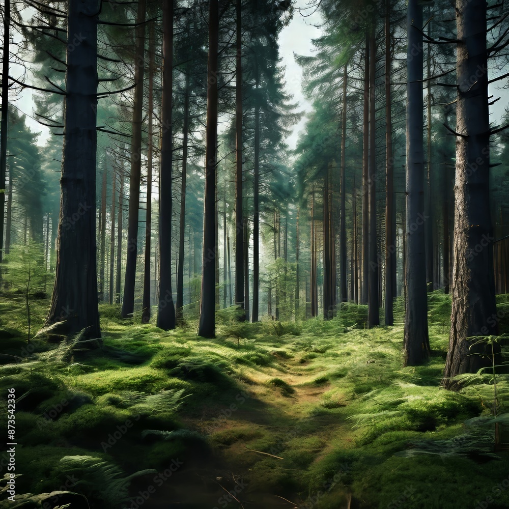 Obraz premium The sunlight filters through the trees in the forest, illuminating the plant life and creating a beautiful natural landscape , generated by AI