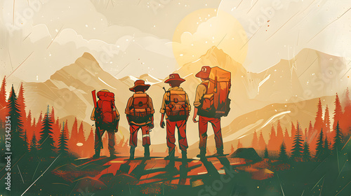 Greeting card and banner design for National Boy Scout Day featuring a group of boy scouts with backpacks standing in front of mountain scenery. Ideal for celebrating outdoor adventures.