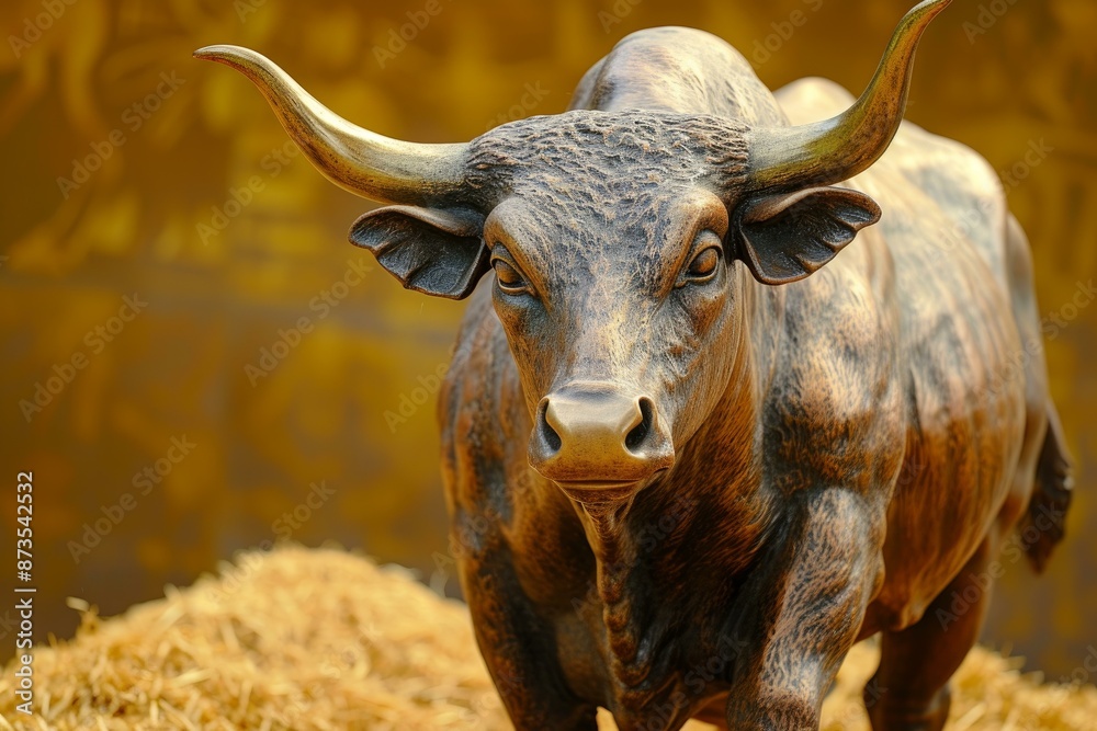 Naklejka premium Majestic bronze bull sculpture representing strength and power as a symbol of bullish investment and prosperity in the stock market. With golden horns and a metallic texture