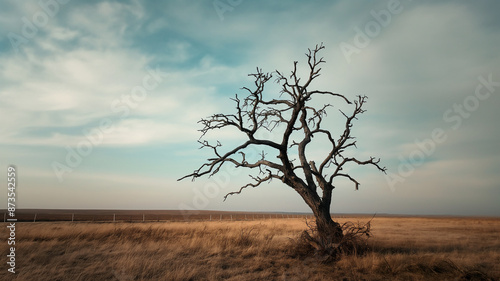 A solitary bare tree standing in a vast dry field under a cloudy sky, evoking a sense of isolation and desolation. © Ritthichai