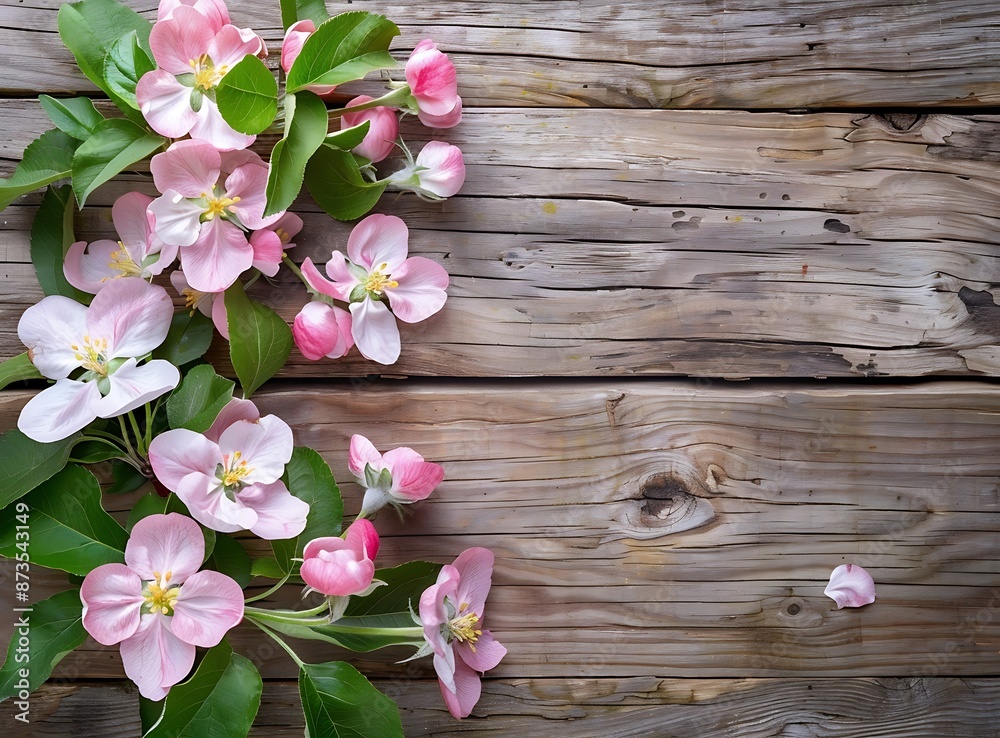 Spring apple blossoms on wooden background with copy space for design, border frame template Spring apple blossoms on wooden background with copy space for design, border frame template