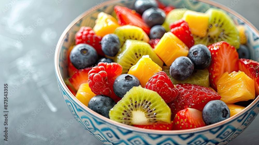 A bowl of fruit salad with blue and white bowl and a variety of fruits including strawberries, blueberries, kiwi, and mango A bowl of fruit salad with blue and white bowl and a variety of fruits including strawberries, blueberries, kiwi, and mango