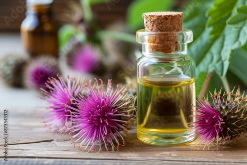 Clear bottle of natural burdock oil with blooming burdock flowers and leaves