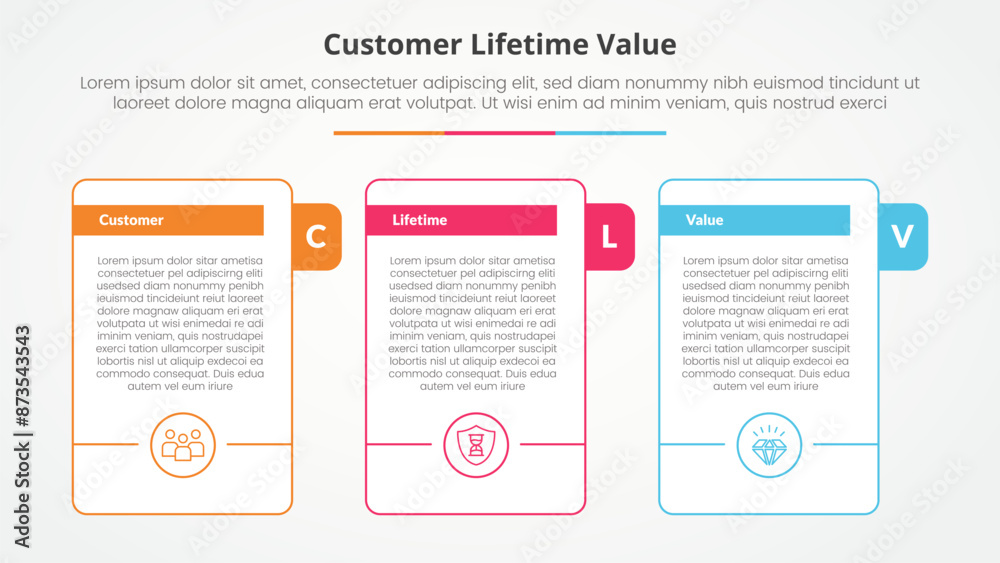 clv customer lifetime value infographic concept for slide presentation with big outline table with title badge and circle accessories bottom with 3 point list with flat style clv customer lifetime value infographic concept for slide presentation with big outline table with title badge and circle accessories bottom with 3 point list with flat style