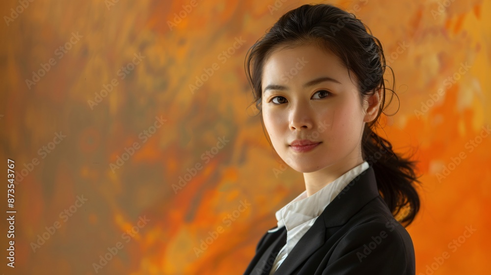 Timeless beauty of an Asian woman in workplace attire, softly luminous, orange backdrop, 32k uhd Timeless beauty of an Asian woman in workplace attire, softly luminous, orange backdrop, 32k uhd