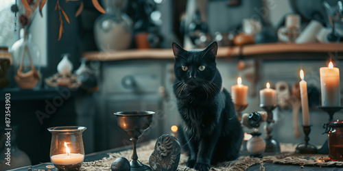 Modern Kitchen Transformed for Pagan Ritual with Chalice, Altar Cloth, Candles, and Black Cat