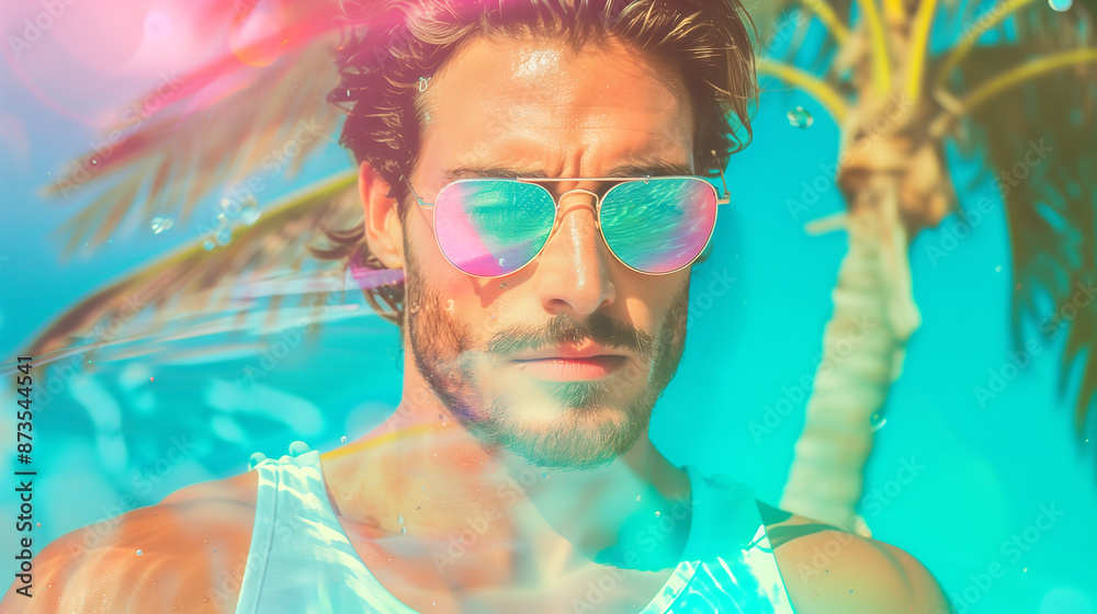 ethereal portrait, a handsome man on a summer beach, wearing reflective sunglasses, a clear blue sky, palm trees, turquoise water, suggesting a tropical location. with a serious and contemplative look ethereal portrait, a handsome man on a summer beach, wearing reflective sunglasses, a clear blue sky, palm trees, turquoise water, suggesting a tropical location. with a serious and contemplative look