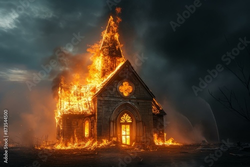 Dramatic image of a historic church on fire under a dark sky