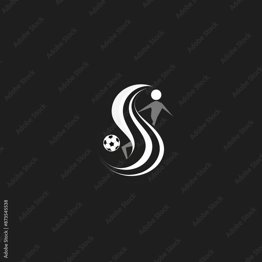 a modern minimal monochrome logo with stick figure playing football in shape of alphabet S a modern minimal monochrome logo with stick figure playing football in shape of alphabet S